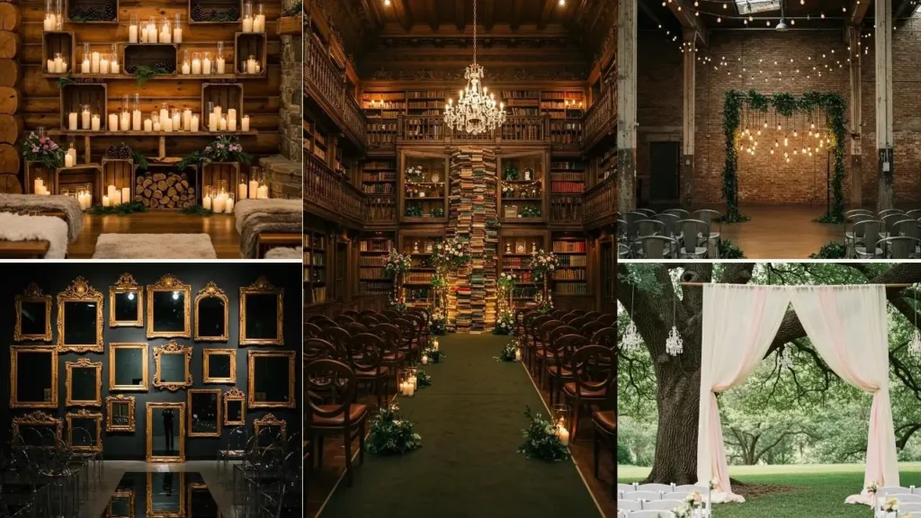 Alternatieve bloemenbogen voor een trouwerij, met kaarsen, boeken, spiegel en gordijnen.