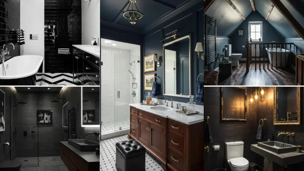 Collage van badkamers met een stoere uitstraling: donkere kleuren, luxe materialen en mannelijke elementen.