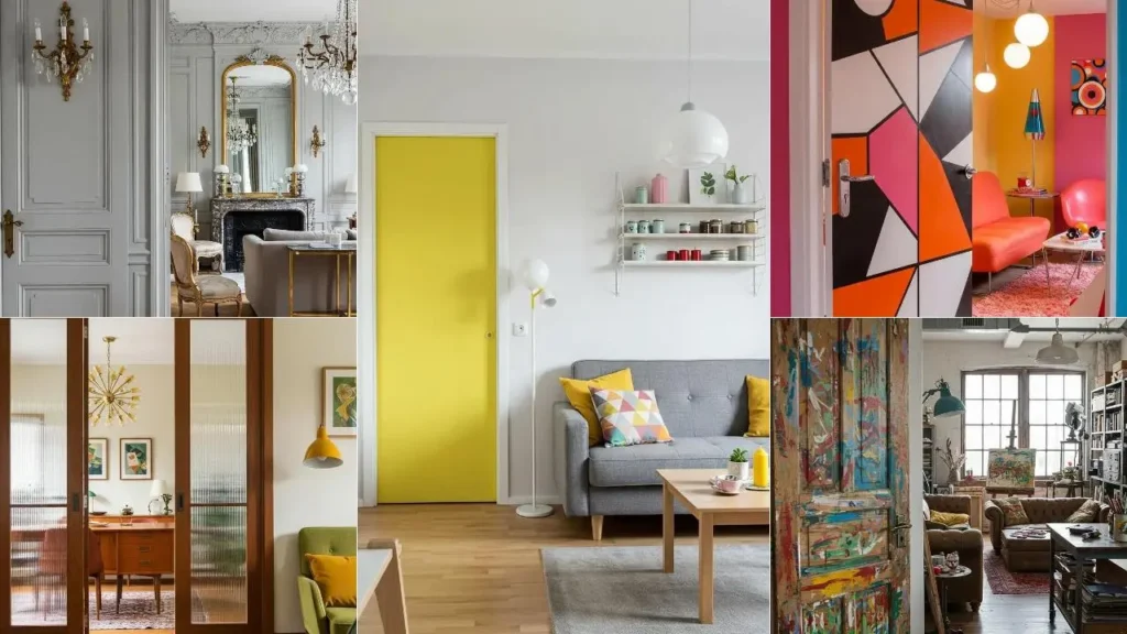 Collage van 26 binnendeuren die een decor statement maken, zoals een gele deur en een beschilderde deur.