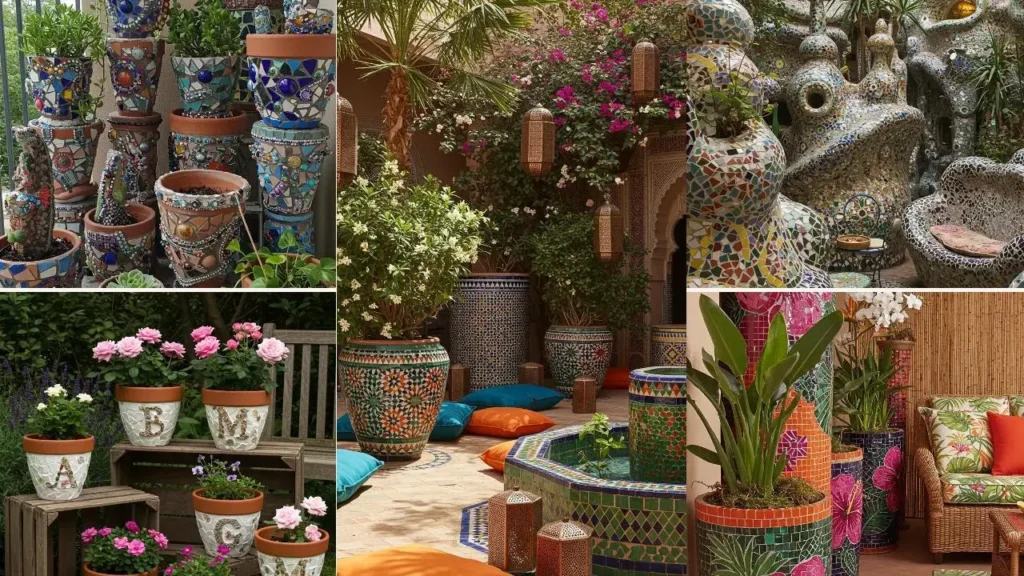 Diverse mozaïek bloempotten, creatieve ideeën voor personalisatie.
