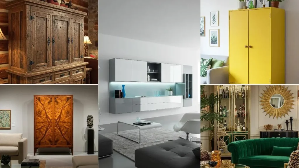 Collage van diverse blikvanger kasten in verschillende woonkamer interieurs.