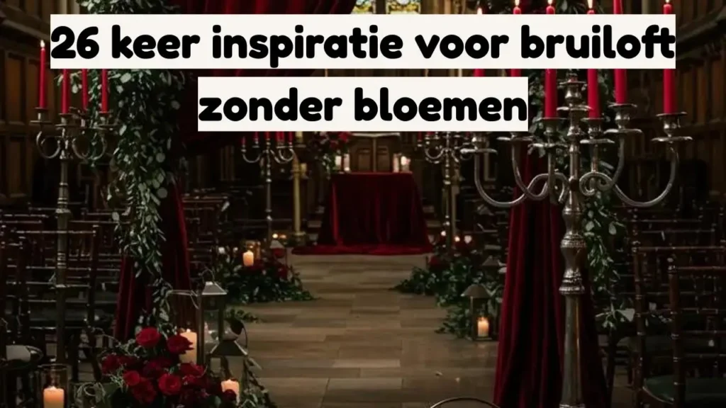 Sfeervolle bruiloft decoratie zonder bloemen, met kaarsen, groen en rode accenten.