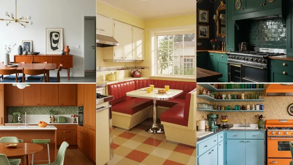 Diverse retro keukens met jaren '50 pastelkleuren, vintage apparatuur en klassieke dinerstijl.