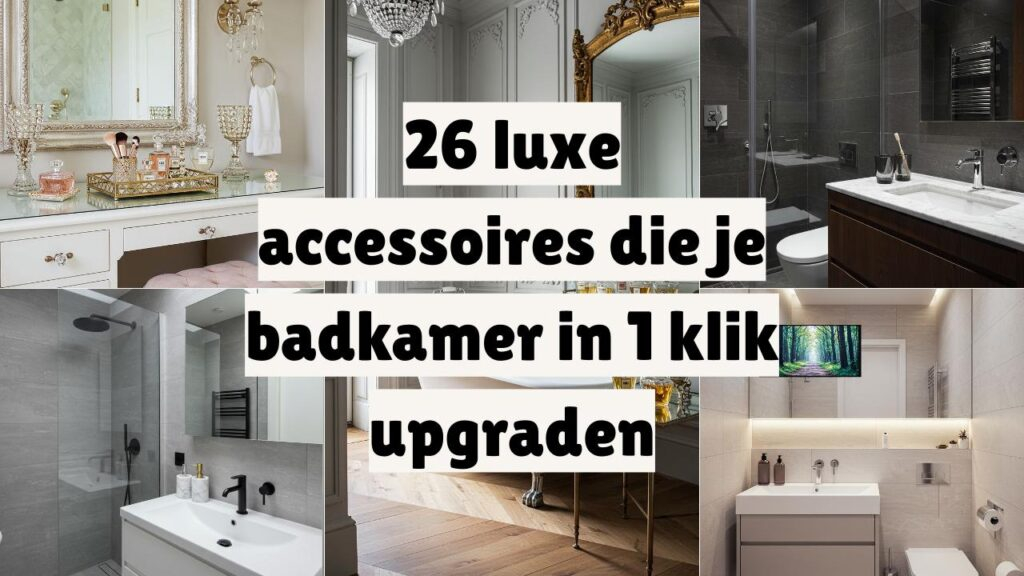 Diverse luxe badkamers met accessoires: gouden spiegel, kristallen decoratie en moderne wastafels.