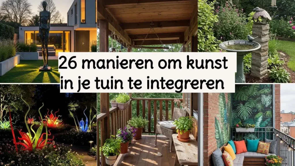 Collage met tuinvoorbeelden: sculpturen, vogelbad en beschilderde muur, kunst in de tuin.