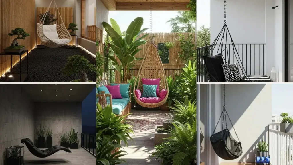 Moderne balkon hangstoelen, van het plafond hangend, met leer en linnen afwerkingen.