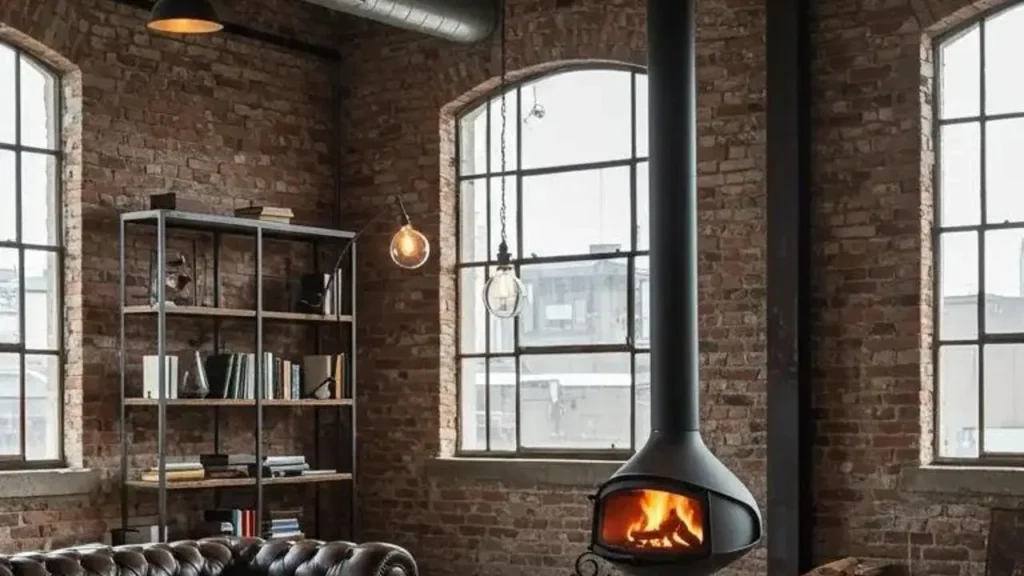 Moderne houtkachel in interieur met bakstenen muur en grote ramen.
