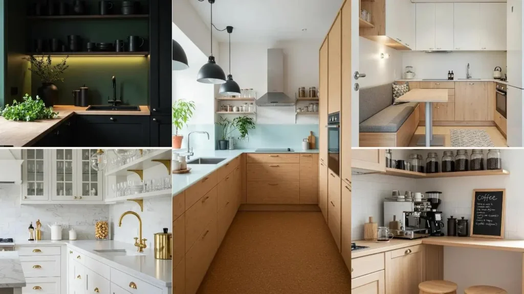 Moodboard van Scandinavische keukens met houten accenten en minimalistische details.