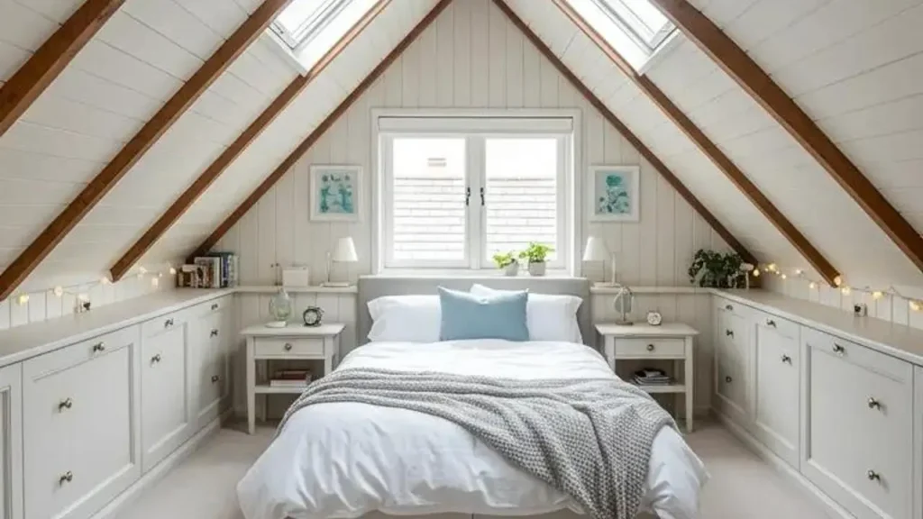 Slaapkamer met bed als eiland: Knusse zolderkamer met wit bed en schuine wanden.