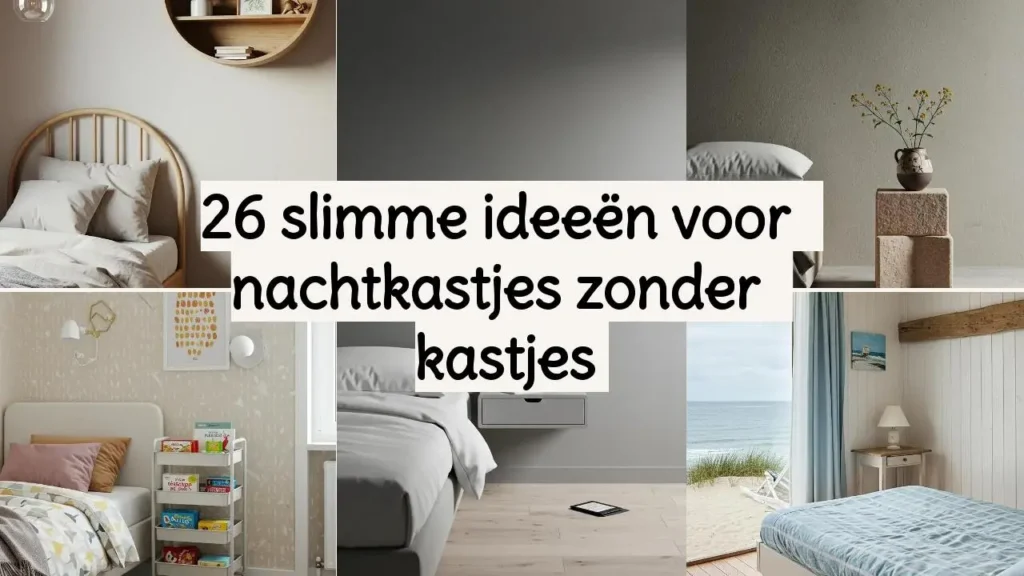 Ideeën voor nachtkastjes zonder kastjes: alternatieve oplossingen naast bedden, zoals een boekenrek en gestapelde blokken.