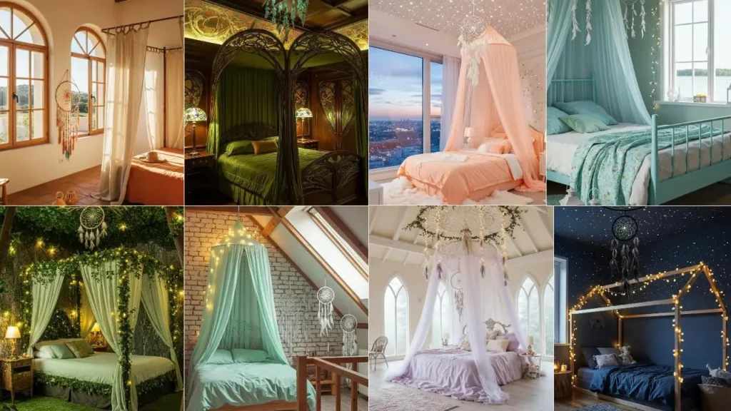 Sprookjesachtige slaapkamers met dromenvangers, zachte lampjes en pastelhemelbedden.