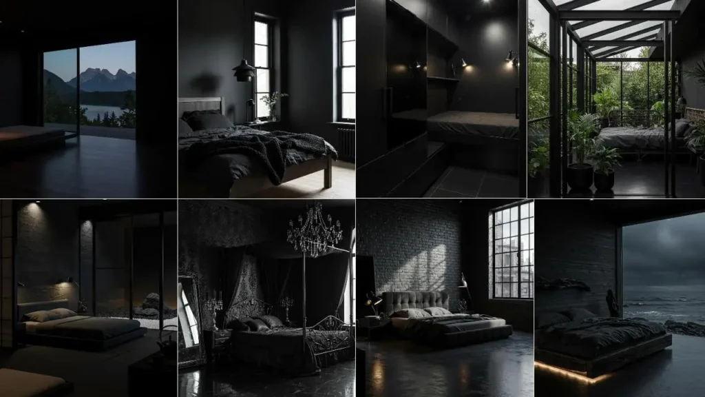 Verschillende voorbeelden van zwart-op-zwart slaapkamers met een prachtig spel van licht en glans.
