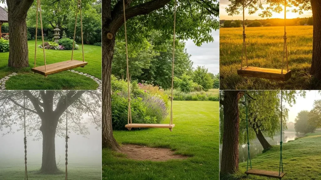 Diverse stoere boomstam schommels met dikke touwen in groene grasvelden en serene landschappen.