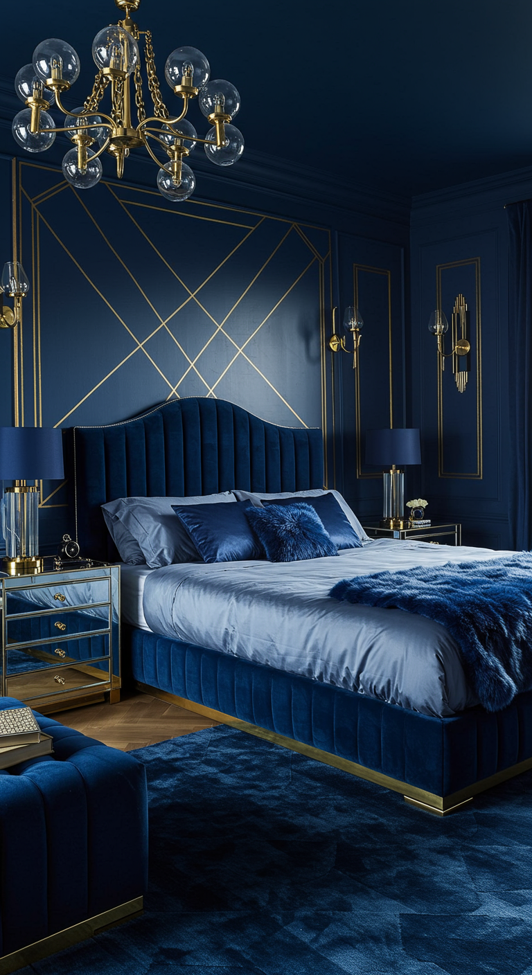 Marineblauwe slaapkamer in Art Deco stijl met gouden accenten en fluwelen bed.