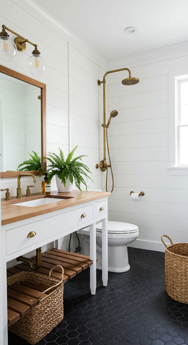 Farmhouse badkamer met shiplap muren, zwart hexagon vloer, houten blad en messing kranen.