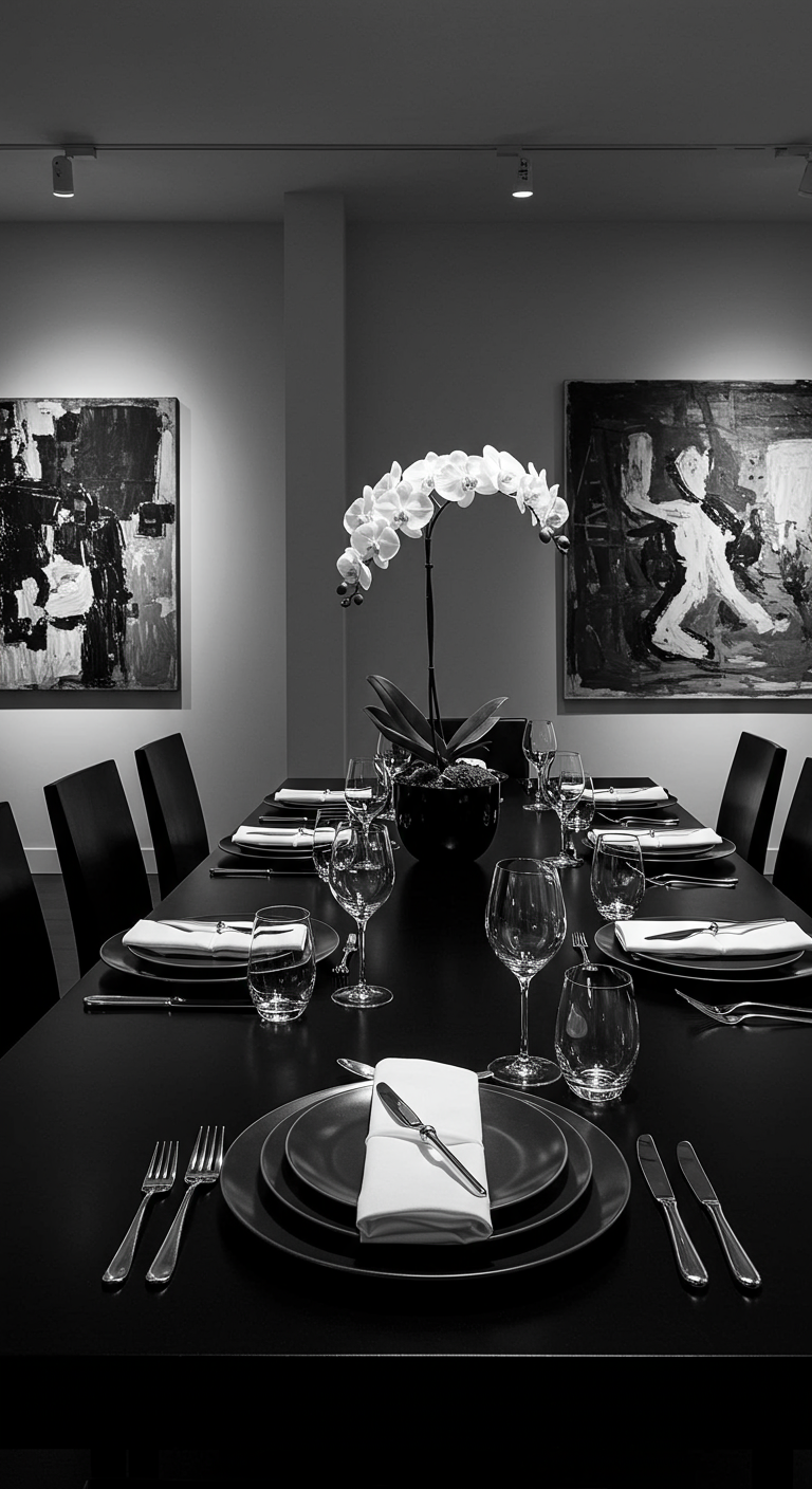 Zwart-wit gedekte tafel met witte orchidee en moderne kunst.