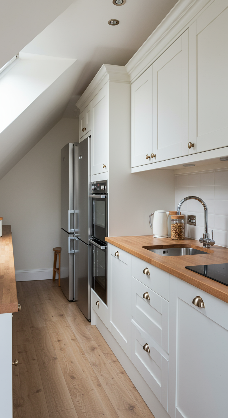 Witte keuken met hoge koelkast geplaatst onder het hoogste punt van een schuin dak.