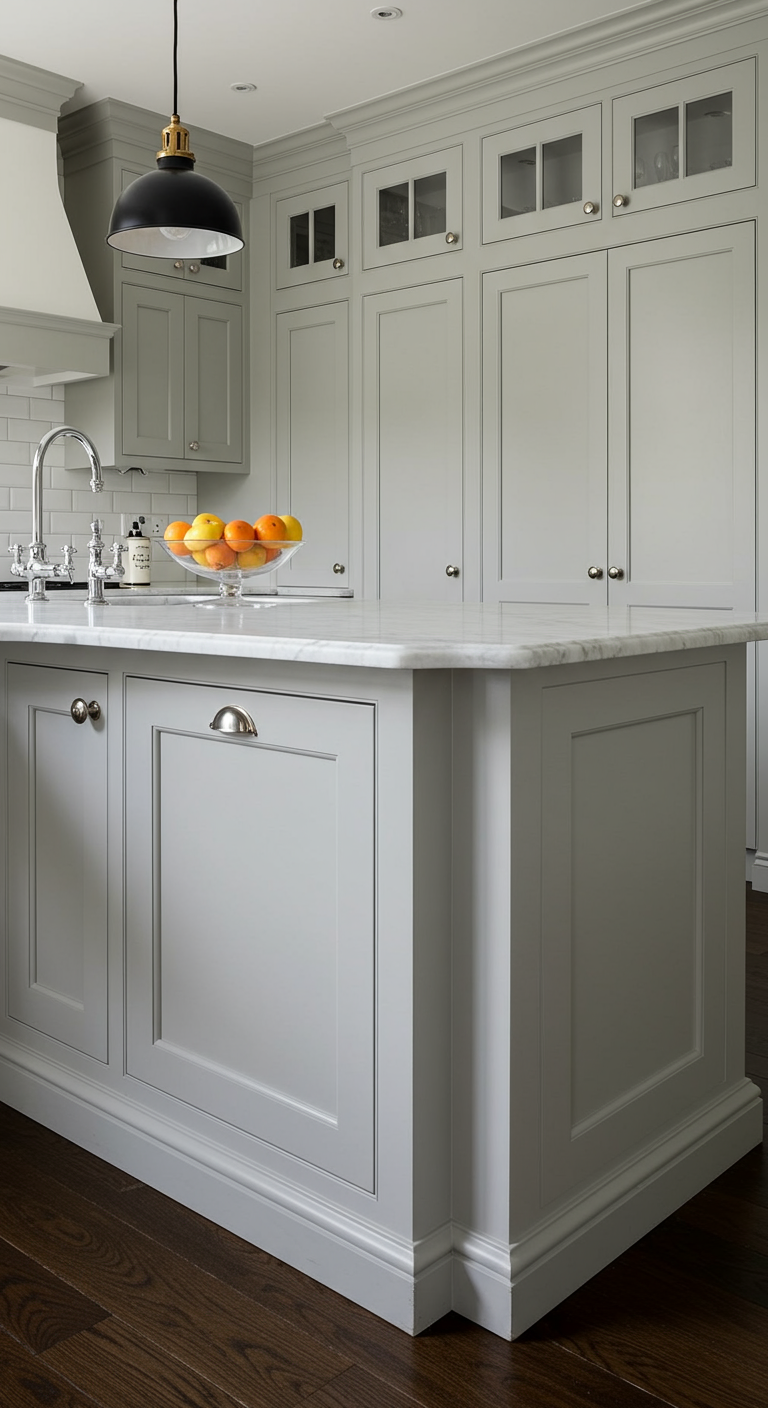 Lichtgrijze keuken met klassieke details, een kookeiland en een marmerlook werkblad.