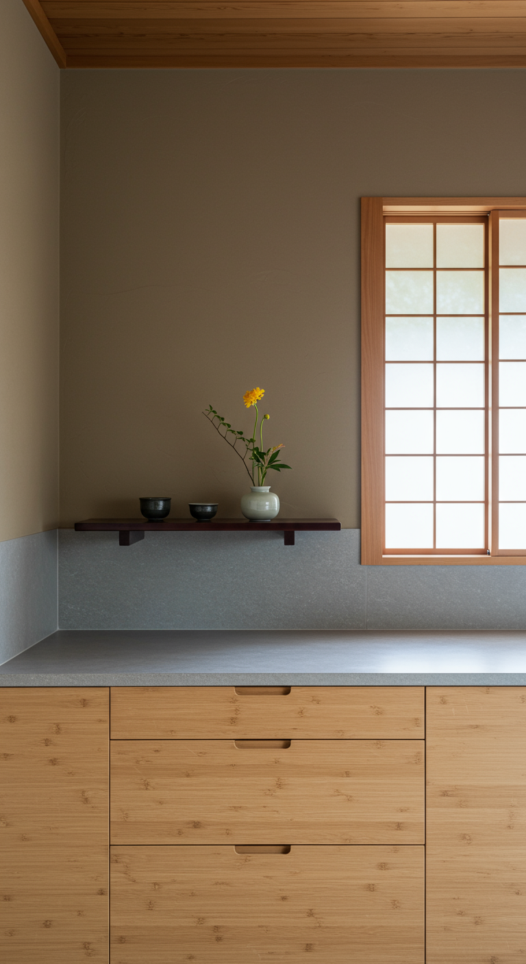 Japandi-stijl keuken met bamboe kasten, grijze muur en één minimalistische donkere plank.