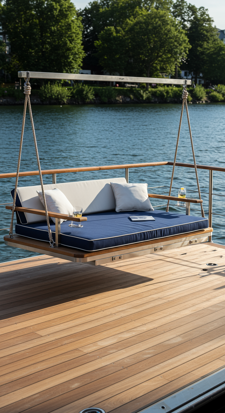 Houten schommelbed met blauw-witte kussens, hangend boven een houten vlonder aan het water.