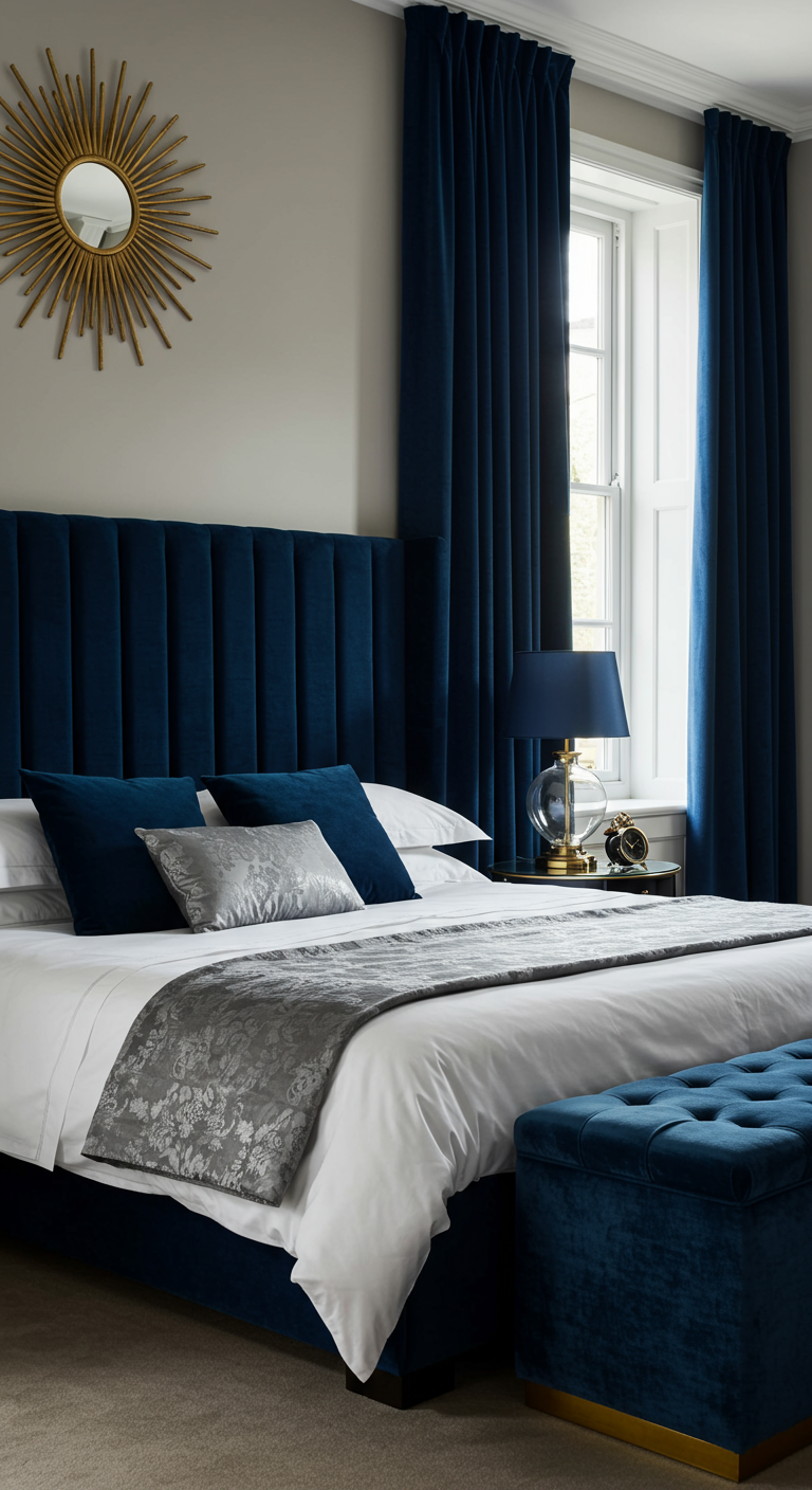 Luxe slaapkamer met diepblauw fluwelen hoofdbord, bijpassende poef en gouden spiegel.