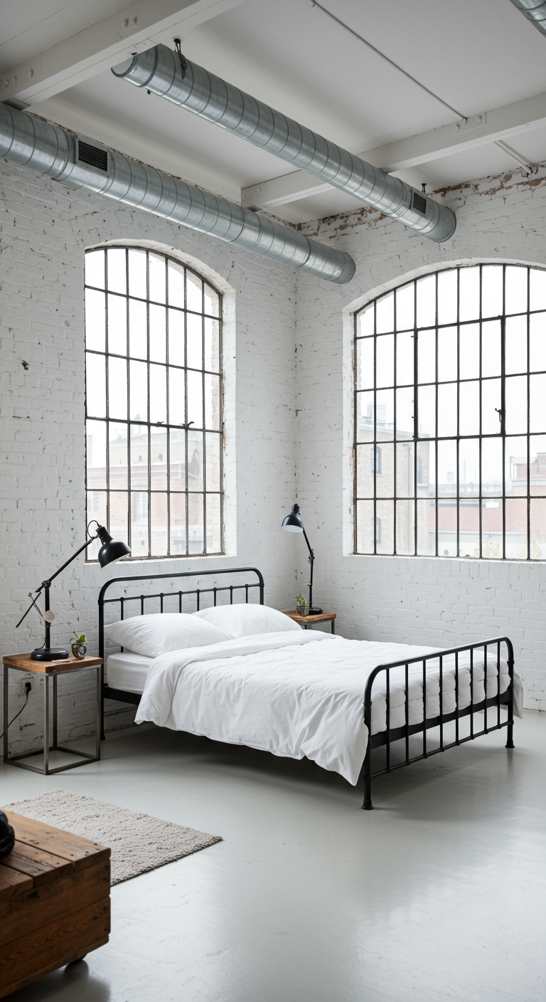 Witte industriële slaapkamer met grote fabrieksramen en metalen bed.