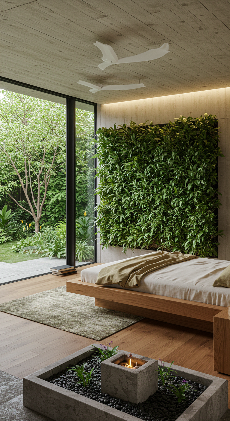 Slaapkamer met grote ramen, uitzicht op tuin en een groene plantenmuur.