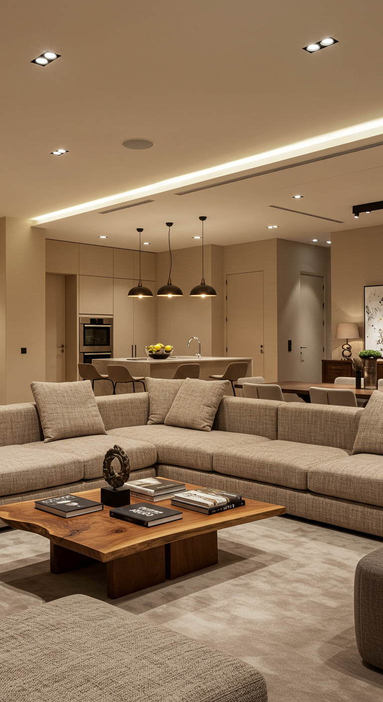 Moderne open woonkamer met een grote beige modulaire bank en een keuken op de achtergrond.