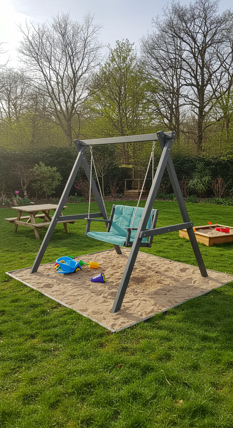 Grijze houten schommelbank met stoffen zitting in zandbak-speelhoek.