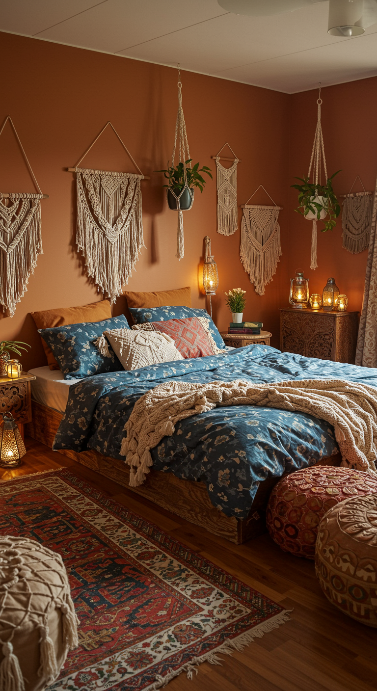 Bohemian slaapkamer met terracotta muur, blauw beddengoed met patroon en macramé wanddecoratie.