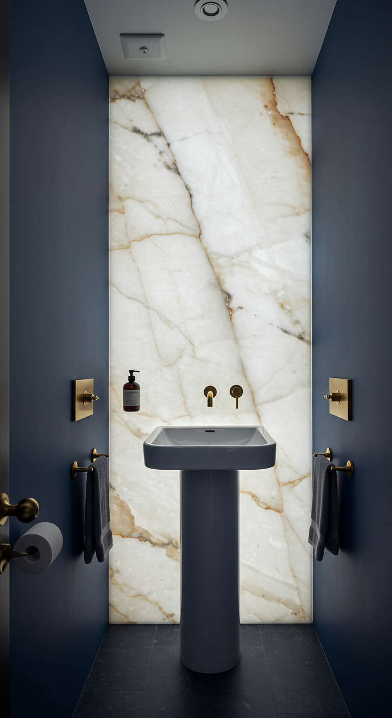 Smal toilet met een van achteren verlichte witte marmeren plaat en donkerblauwe muren.