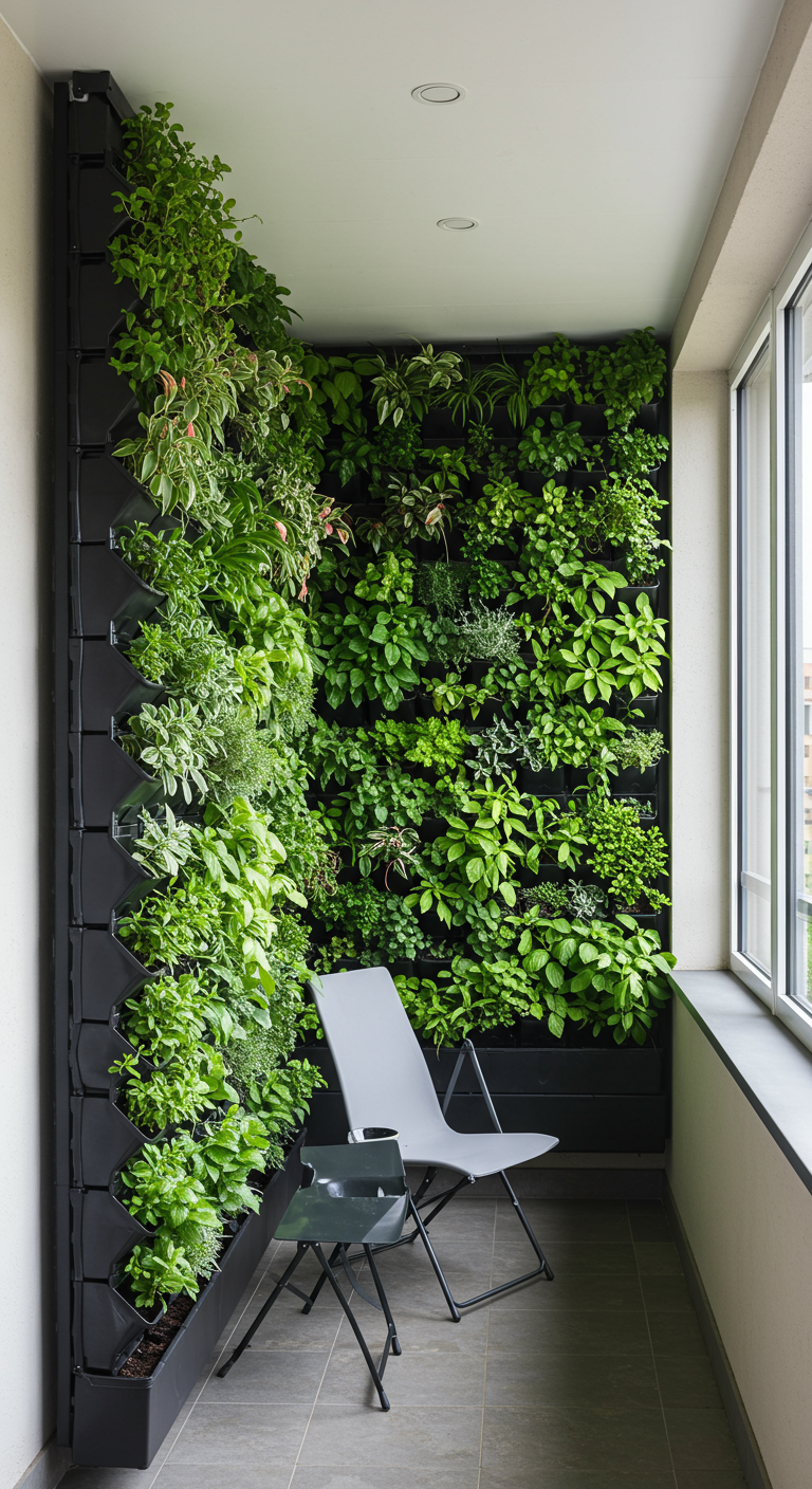 Smal balkon met een indrukwekkende, volledig begroeide verticale plantenwand en een enkele stoel.