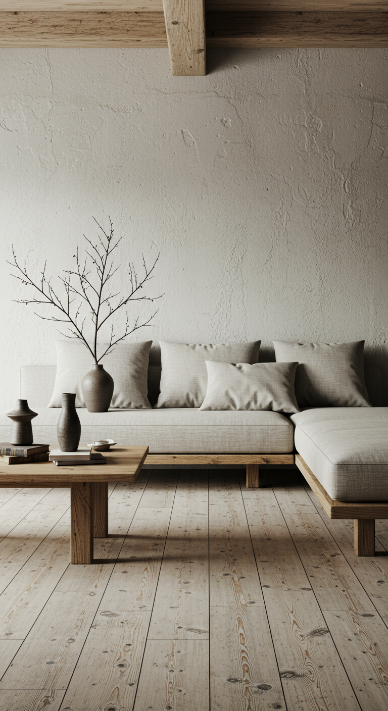 Wabi-sabi woonkamer met ruwe muren, houten bank en aardewerk decoratie.