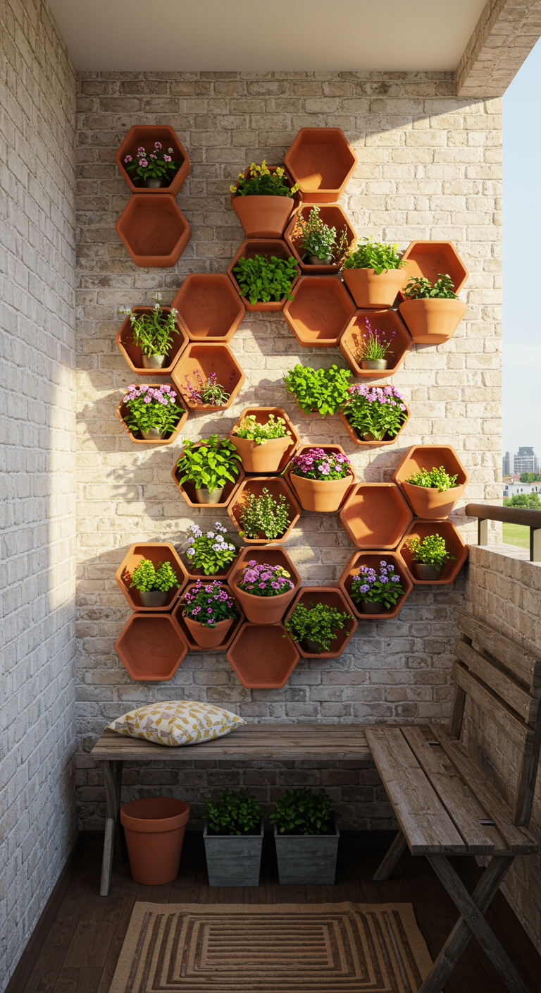 Terracotta plantenpotten in honingraatvorm aan een bakstenen muur, gevuld met diverse planten.