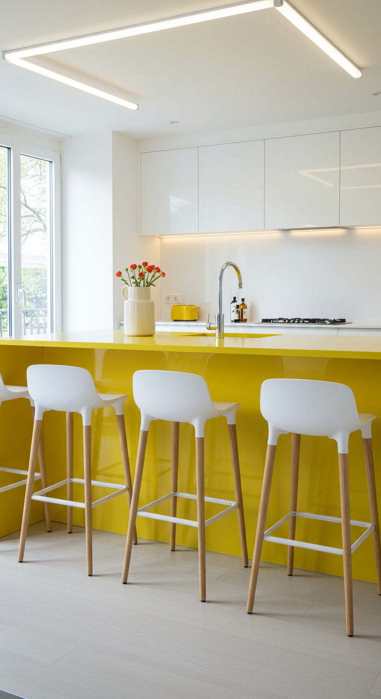 Moderne witte keuken met een knalgeel kookeiland en witte barkrukken met houten poten.