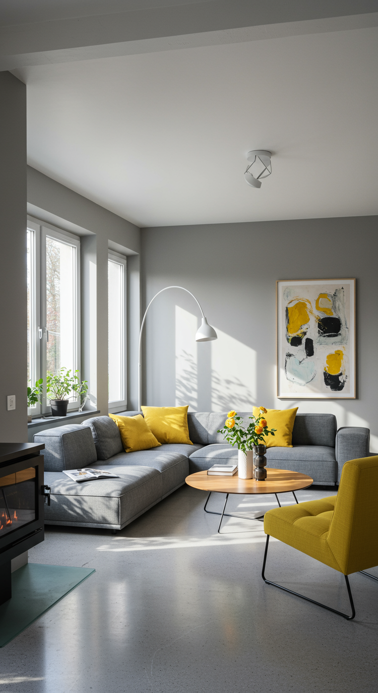 Moderne grijze woonkamer met gele accenten en veel daglicht.
