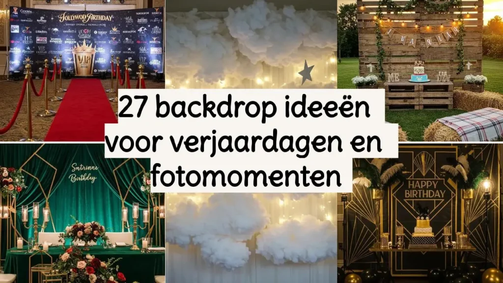 Collage van verjaardag backdrops voor fotomomenten. Inclusief Hollywood, wolken, en boerderij thema's.