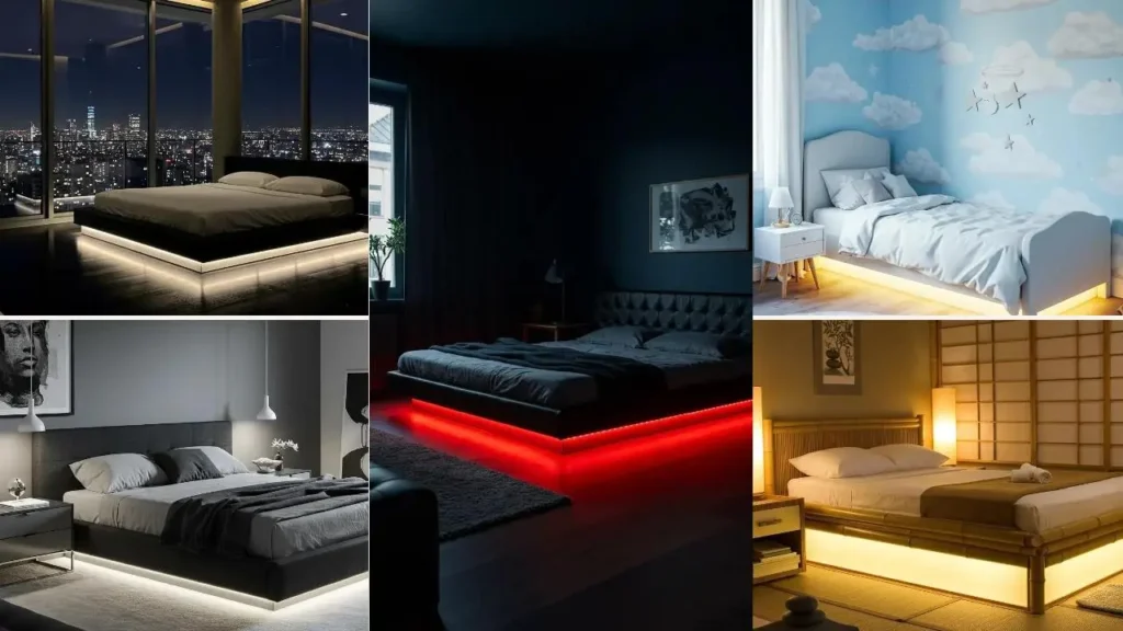 Sfeervolle slaapkamers met creatieve onderbedverlichting die een zwevend effect geeft.