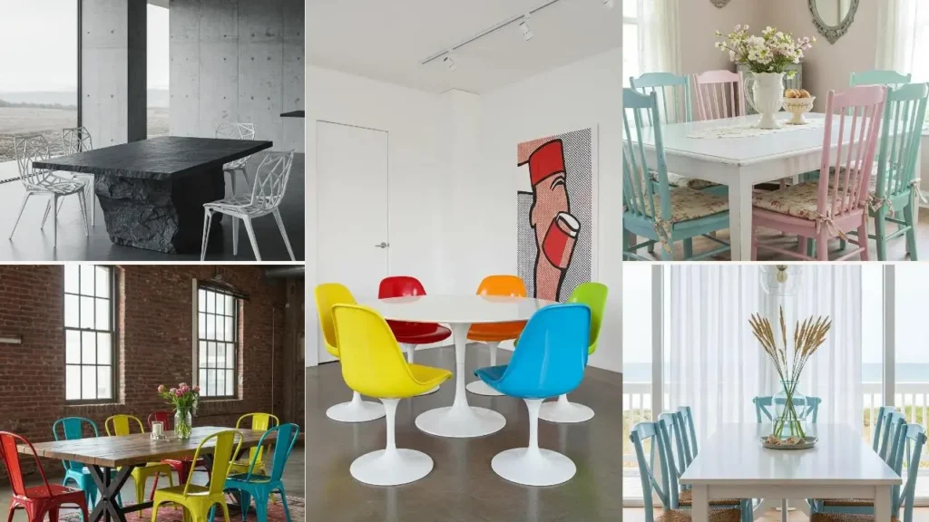 Collage van eetruimtes met opvallende stoelen. Van kleurrijk tot modern design, stoelen stelen de show.