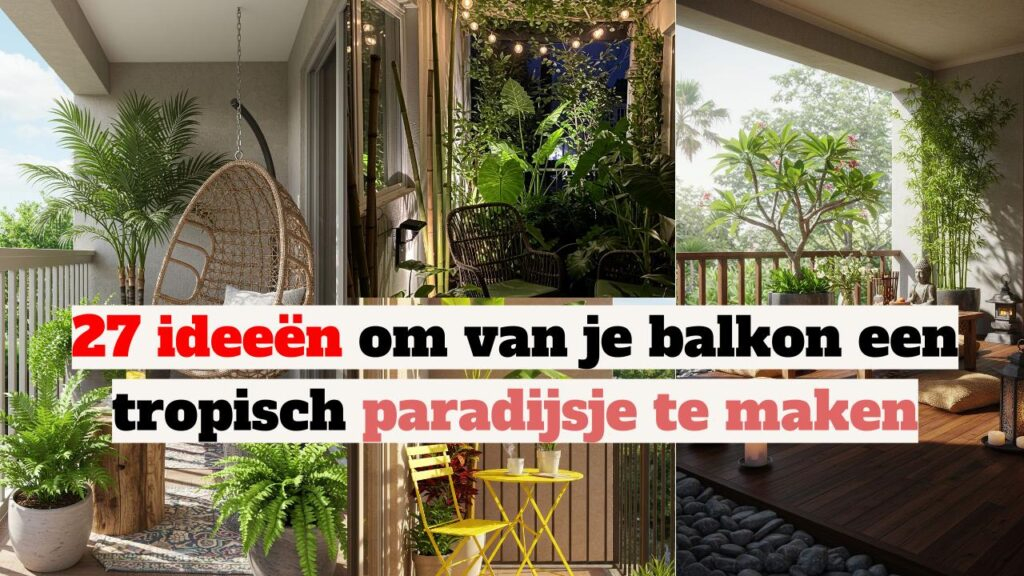 Inspiratie voor een tropisch balkon: hangstoel, planten, bamboe en sfeerverlichting.