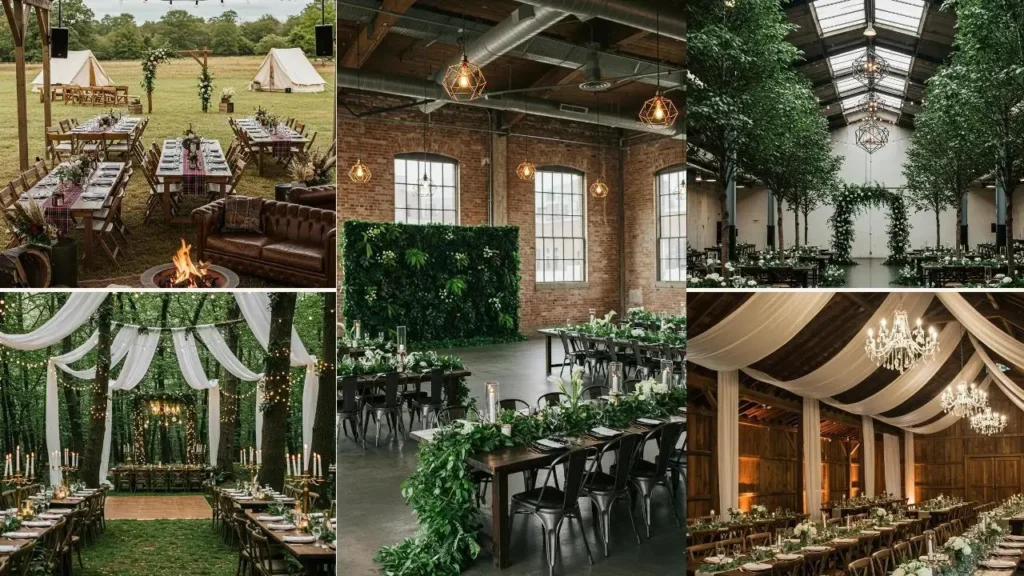 Sfeerimpressies van evenementen met rustieke houten tafels, elegante drapes, groen en chique verlichting.