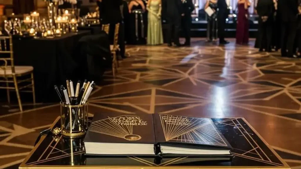 Open gastenboek met pennen op tafel, gasten achtergrond. Ideeën voor een herinneringen gastenboek hoek.