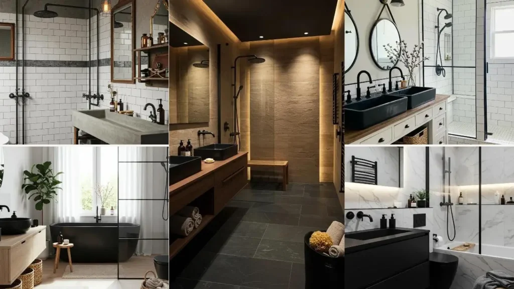 Collage van warme badkamers met zwart sanitair: wastafels, baden en douches.