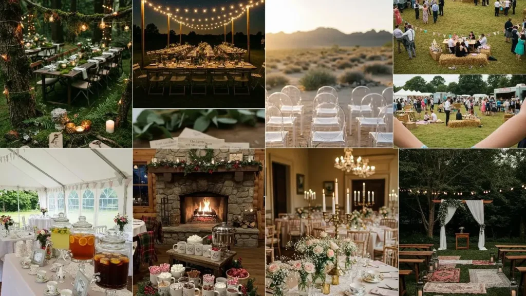 Collage van unieke bruiloft details: bossetting, openlucht diner, chique tafeldecoratie, open haard, festival sfeer.
