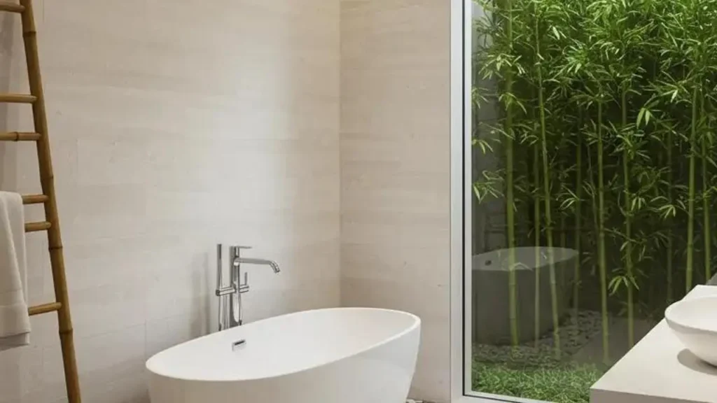 Witte badkamer met bamboe buitenraam, voor een spannend en krachtig gevoel.