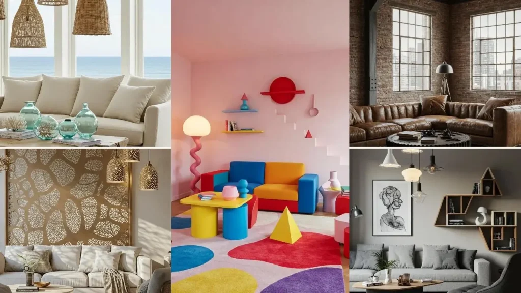Diverse woonkamers tonen creatief gebruik van vormen in het interieurontwerp.