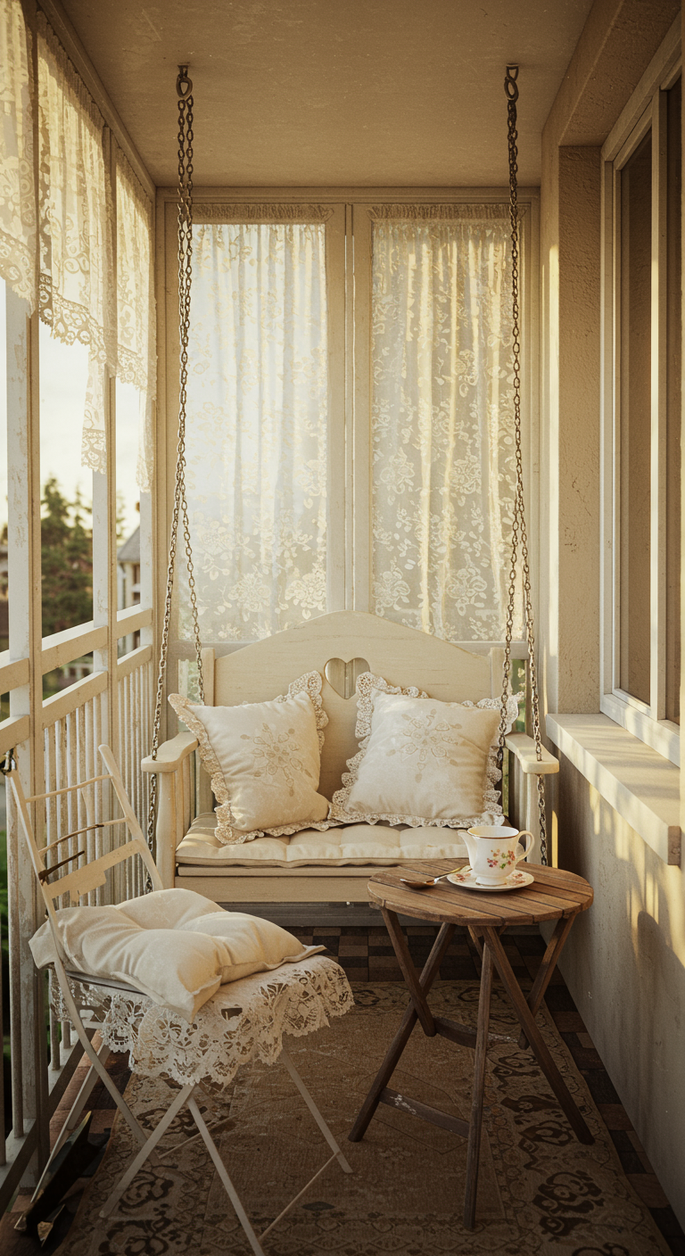 Witte houten schommelbank op smal balkon, brocante stijl.
