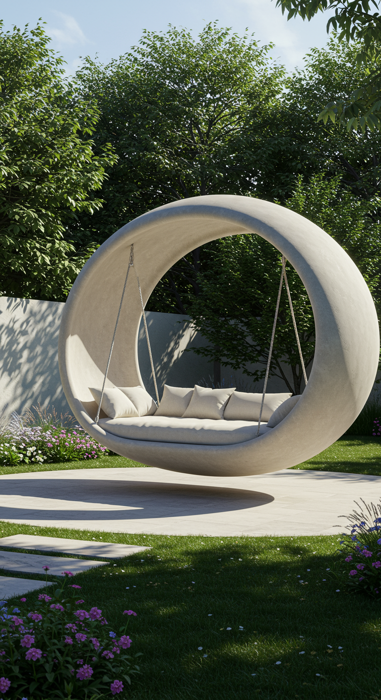 Groot, rond, lichtgekleurd schommelbed in een moderne tuin met gazon en bloemperken.