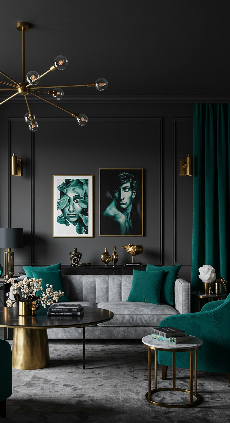 Donkergrijze woonkamer met smaragdgroene velours accenten en gouden details.