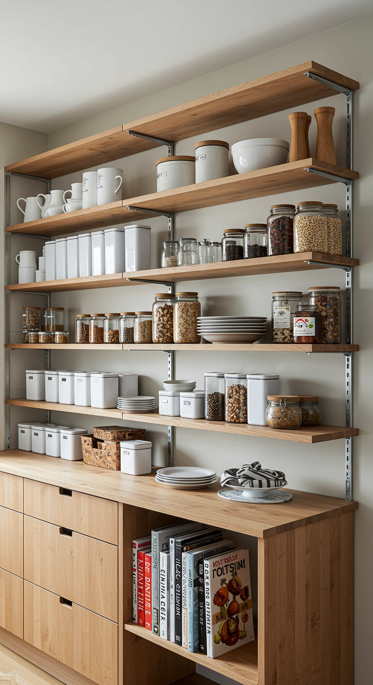 Modulair wandsysteem met houten planken en metalen staanders, vol witte en glazen voorraadpotten.